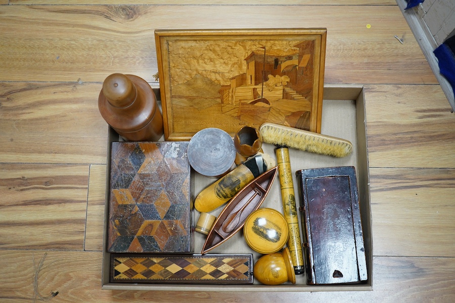 A collection of mixed Tunbridge, Mauchline and treen boxes, a perpetual calendar postal ruler, containers, plaques, measures, etc. (14). Condition - poor, fair and good
